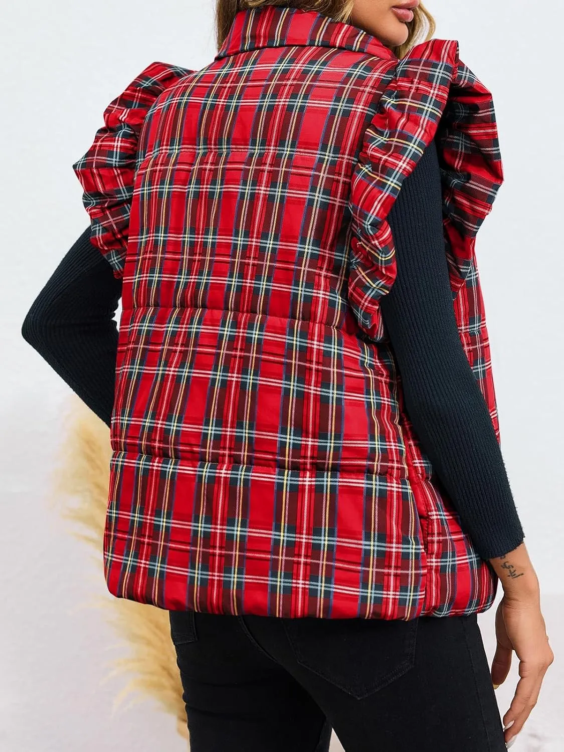 Tankaneo Womens Plaid Puffer Vests Ruffle Sleeveless Lightweight Quilted Vest Fall Winter Padded Gilets Coats