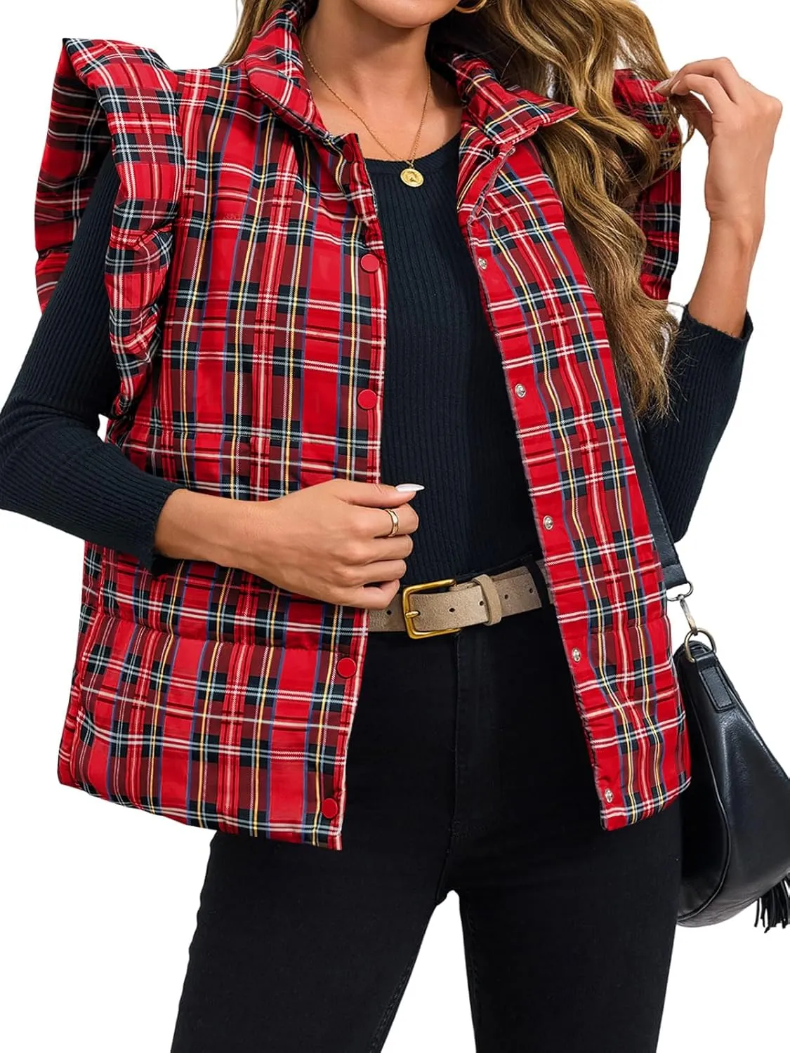 Tankaneo Womens Plaid Puffer Vests Ruffle Sleeveless Lightweight Quilted Vest Fall Winter Padded Gilets Coats