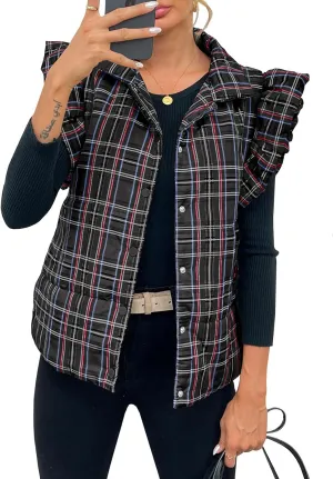 Tankaneo Womens Plaid Puffer Vests Ruffle Sleeveless Lightweight Quilted Vest Fall Winter Padded Gilets Coats