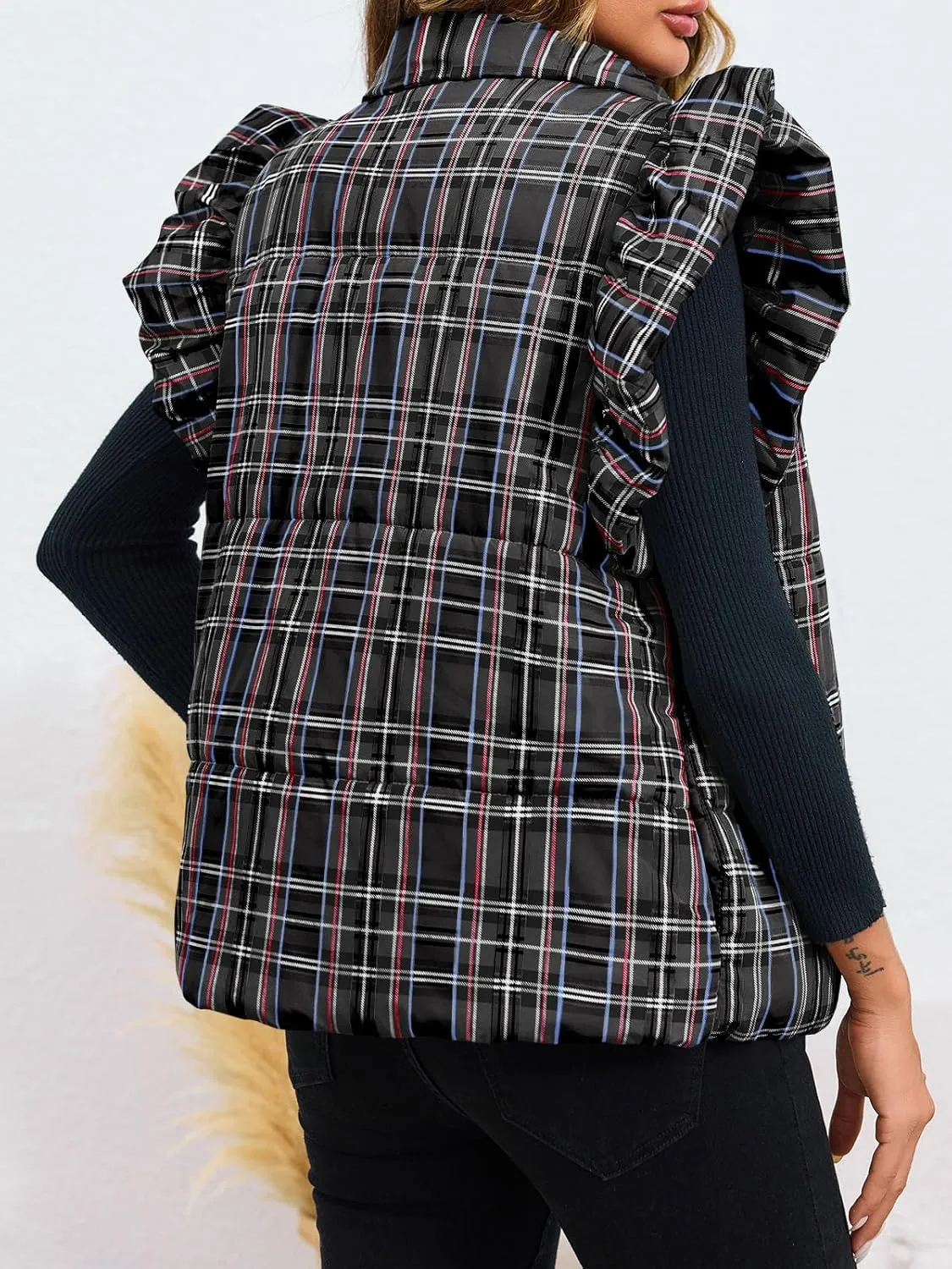 Tankaneo Womens Plaid Puffer Vests Ruffle Sleeveless Lightweight Quilted Vest Fall Winter Padded Gilets Coats