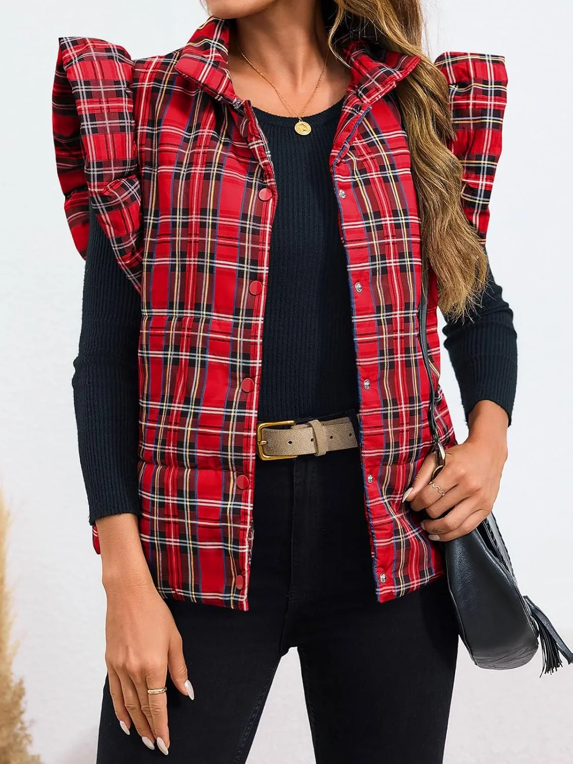 Tankaneo Womens Plaid Puffer Vests Ruffle Sleeveless Lightweight Quilted Vest Fall Winter Padded Gilets Coats