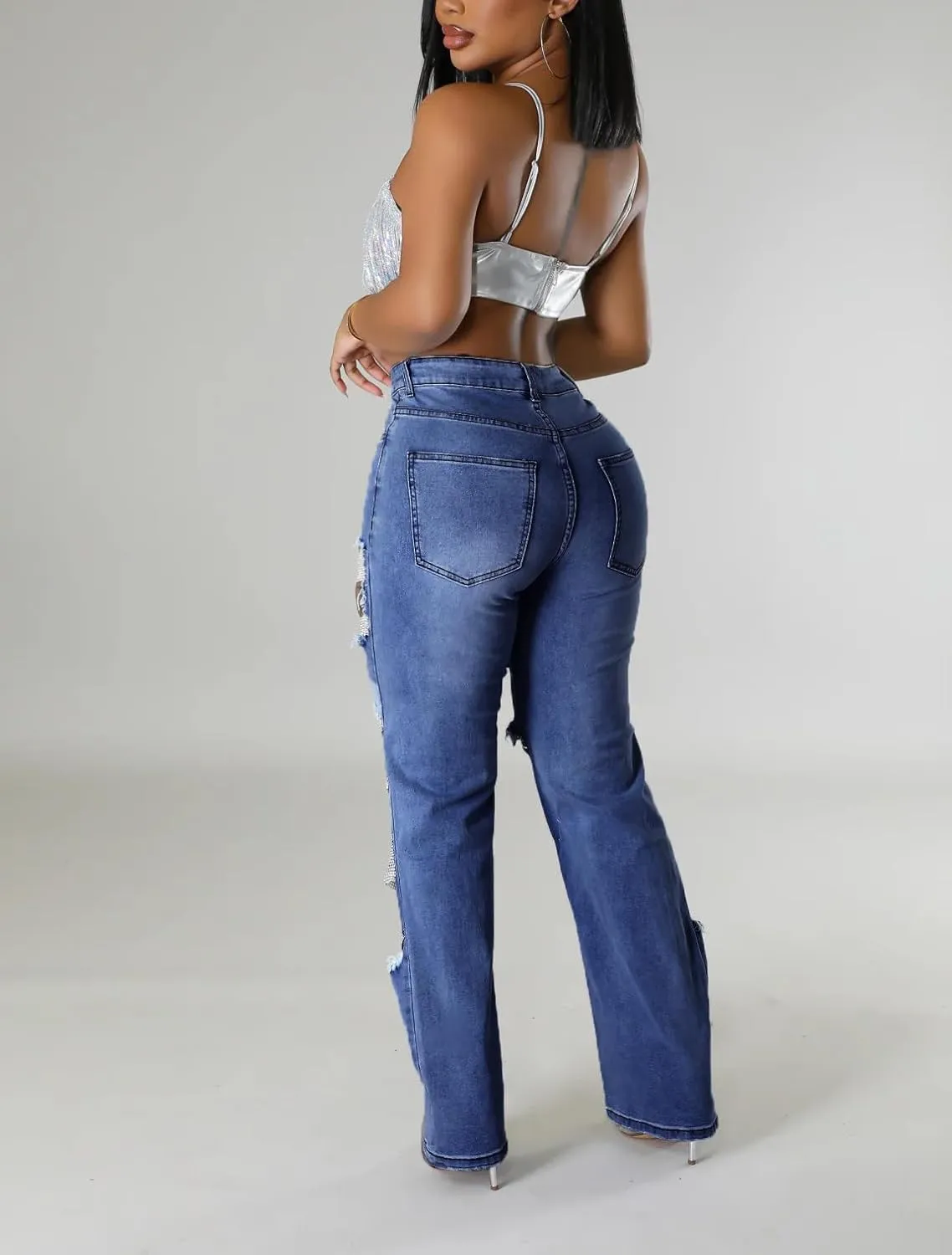 Tbahhir Women's High Waisted Ripped Jeans Y2k Boyfriend Pearl Chains Baggy Distressed Straight Leg Denim Pants Trousers