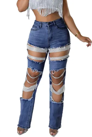 Tbahhir Women's High Waisted Ripped Jeans Y2k Boyfriend Pearl Chains Baggy Distressed Straight Leg Denim Pants Trousers