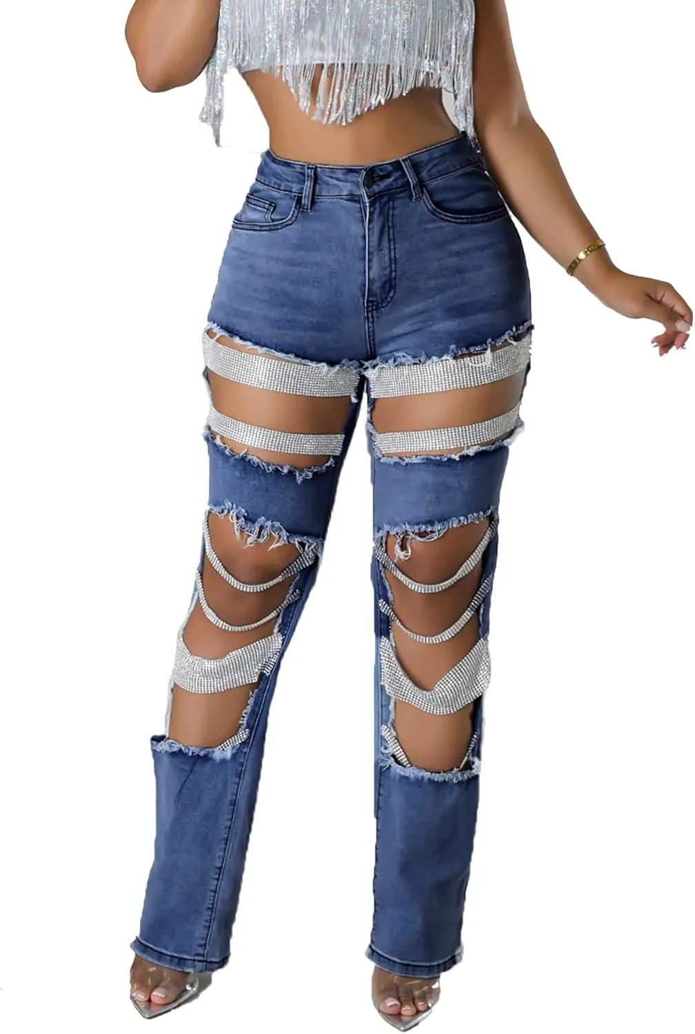 Tbahhir Women's High Waisted Ripped Jeans Y2k Boyfriend Pearl Chains Baggy Distressed Straight Leg Denim Pants Trousers