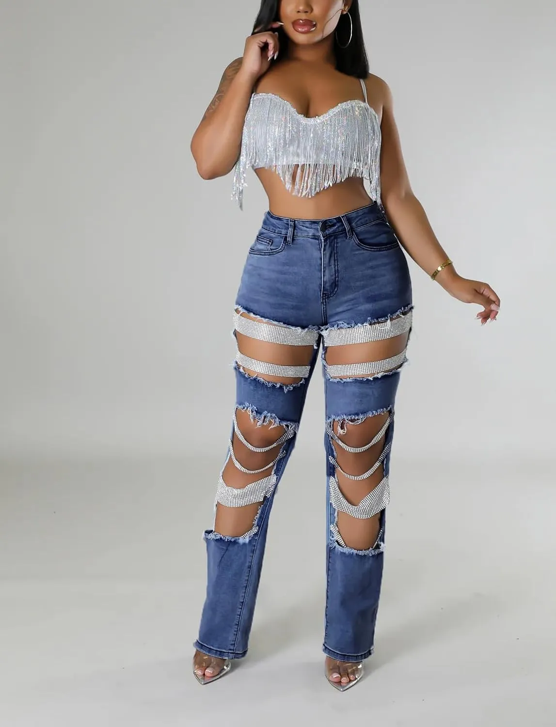 Tbahhir Women's High Waisted Ripped Jeans Y2k Boyfriend Pearl Chains Baggy Distressed Straight Leg Denim Pants Trousers
