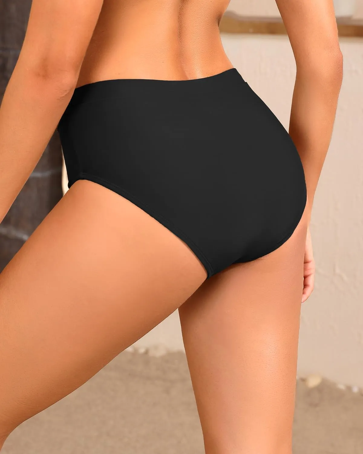 Tempt Me Mid Waist Bikini Bottoms-Full Coverage Bathing Suit Bottom with Pockets