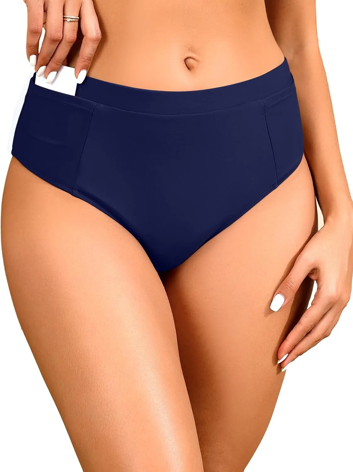 Tempt Me Mid Waist Bikini Bottoms-Full Coverage Bathing Suit Bottom with Pockets