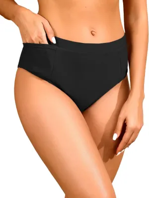 Tempt Me Mid Waist Bikini Bottoms-Full Coverage Bathing Suit Bottom with Pockets