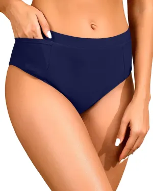 Tempt Me Mid Waist Bikini Bottoms-Full Coverage Bathing Suit Bottom with Pockets