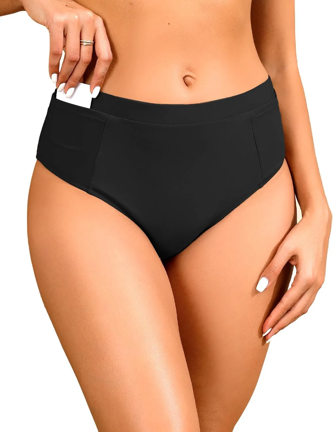 Tempt Me Mid Waist Bikini Bottoms-Full Coverage Bathing Suit Bottom with Pockets