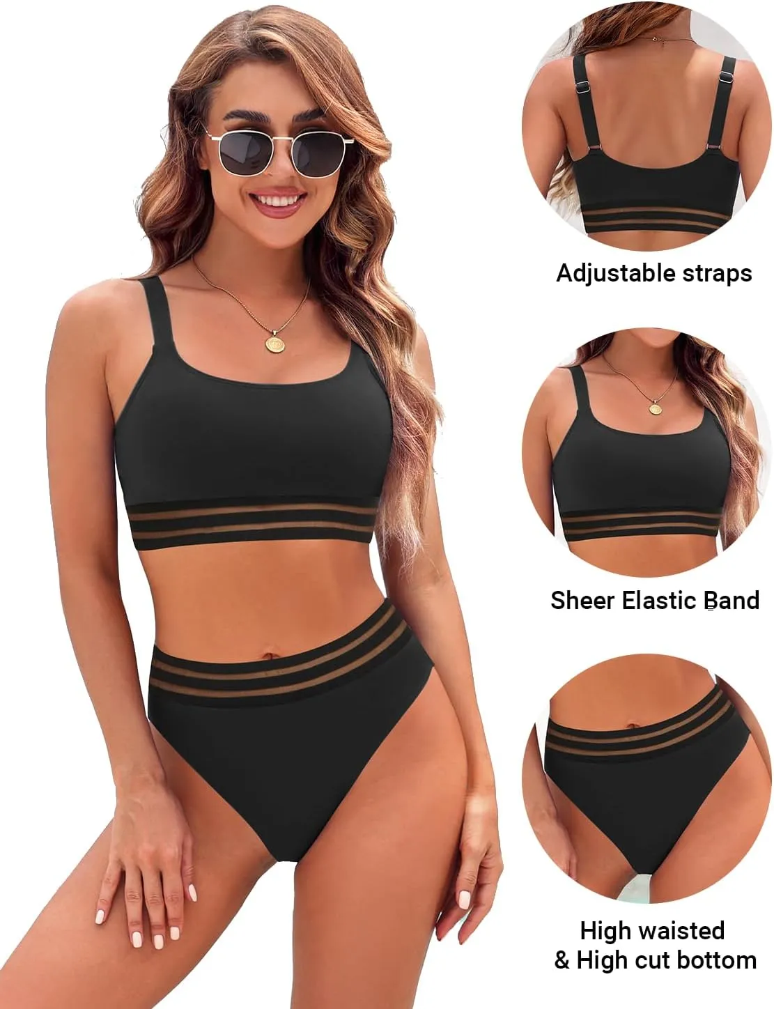 Tempt Me Women Two Piece High Waisted Bikini Swimsuits with Bottoms Teen Scoop Neck Sport Bathing Suits