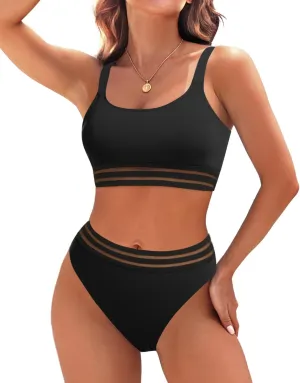 Tempt Me Women Two Piece High Waisted Bikini Swimsuits with Bottoms Teen Scoop Neck Sport Bathing Suits
