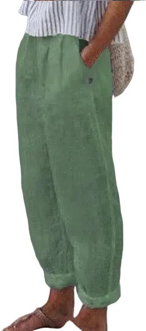 TIAFORD Women's Summer Casual Loose Cotton Linen Pants Elastic High Waist Wide Leg Beach Trousers with Pockets Plus Size