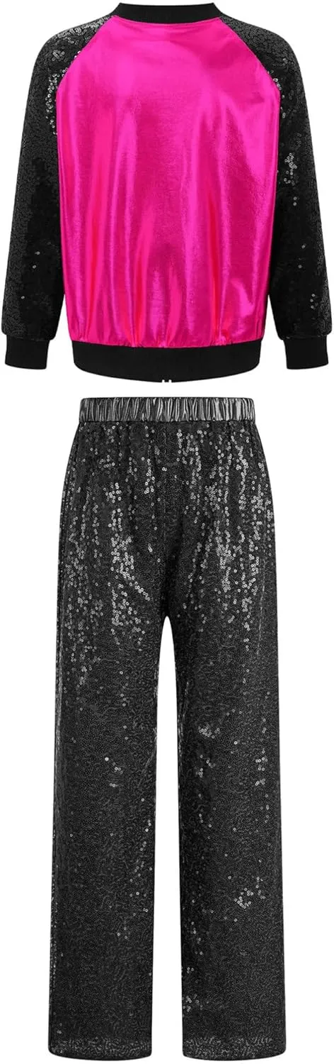 TiaoBug Kids Girls Hip Hop Jazz Modern Dance Costume Metallic Long Sleeve Sequins Bomber Jacket Coat with Pants Set