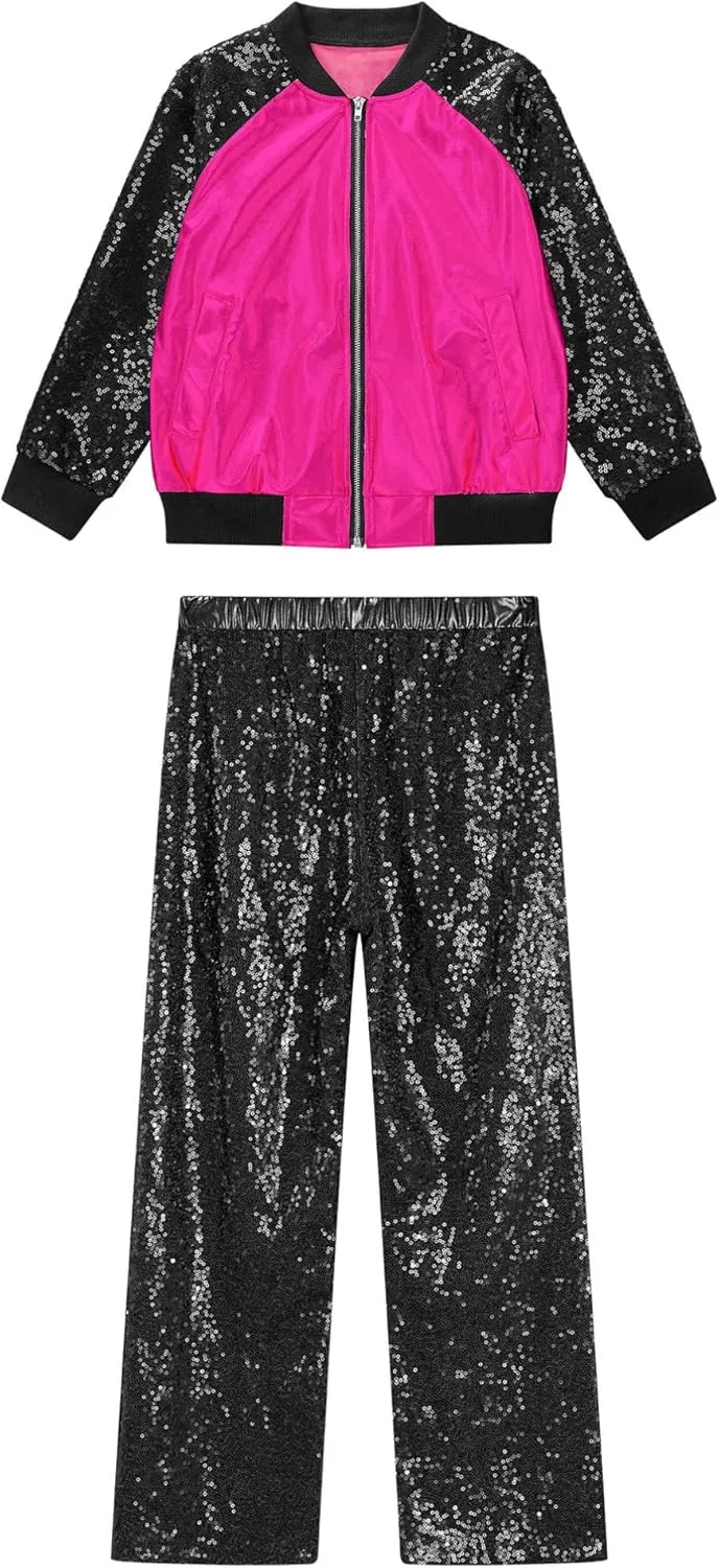 TiaoBug Kids Girls Hip Hop Jazz Modern Dance Costume Metallic Long Sleeve Sequins Bomber Jacket Coat with Pants Set