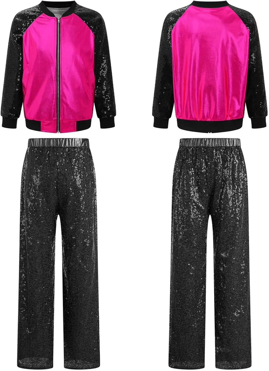 TiaoBug Kids Girls Hip Hop Jazz Modern Dance Costume Metallic Long Sleeve Sequins Bomber Jacket Coat with Pants Set