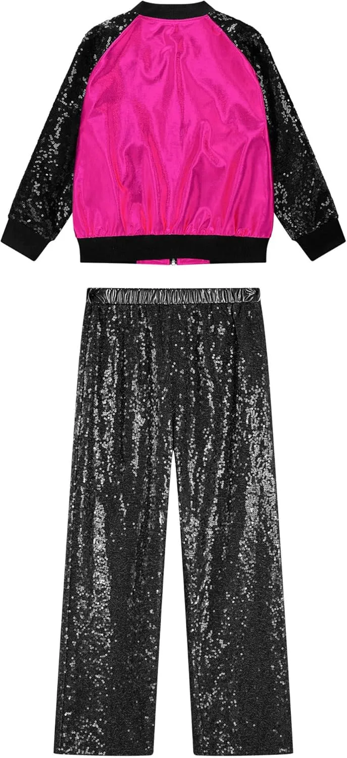 TiaoBug Kids Girls Hip Hop Jazz Modern Dance Costume Metallic Long Sleeve Sequins Bomber Jacket Coat with Pants Set