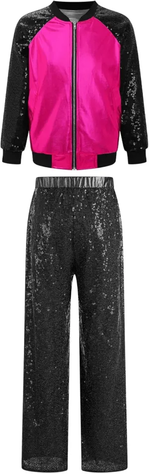 TiaoBug Kids Girls Hip Hop Jazz Modern Dance Costume Metallic Long Sleeve Sequins Bomber Jacket Coat with Pants Set