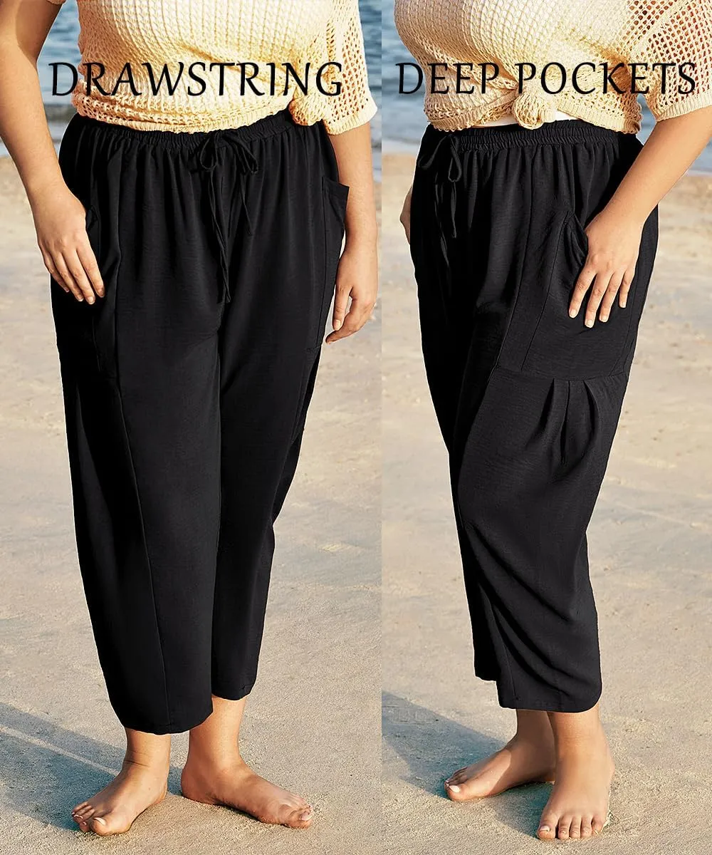 TIYOMI Plus Size Pants for Women Summer Palazzo Harem Pants Drawstring Lightweight Pant with Pockets Loose Casual XL-5XL
