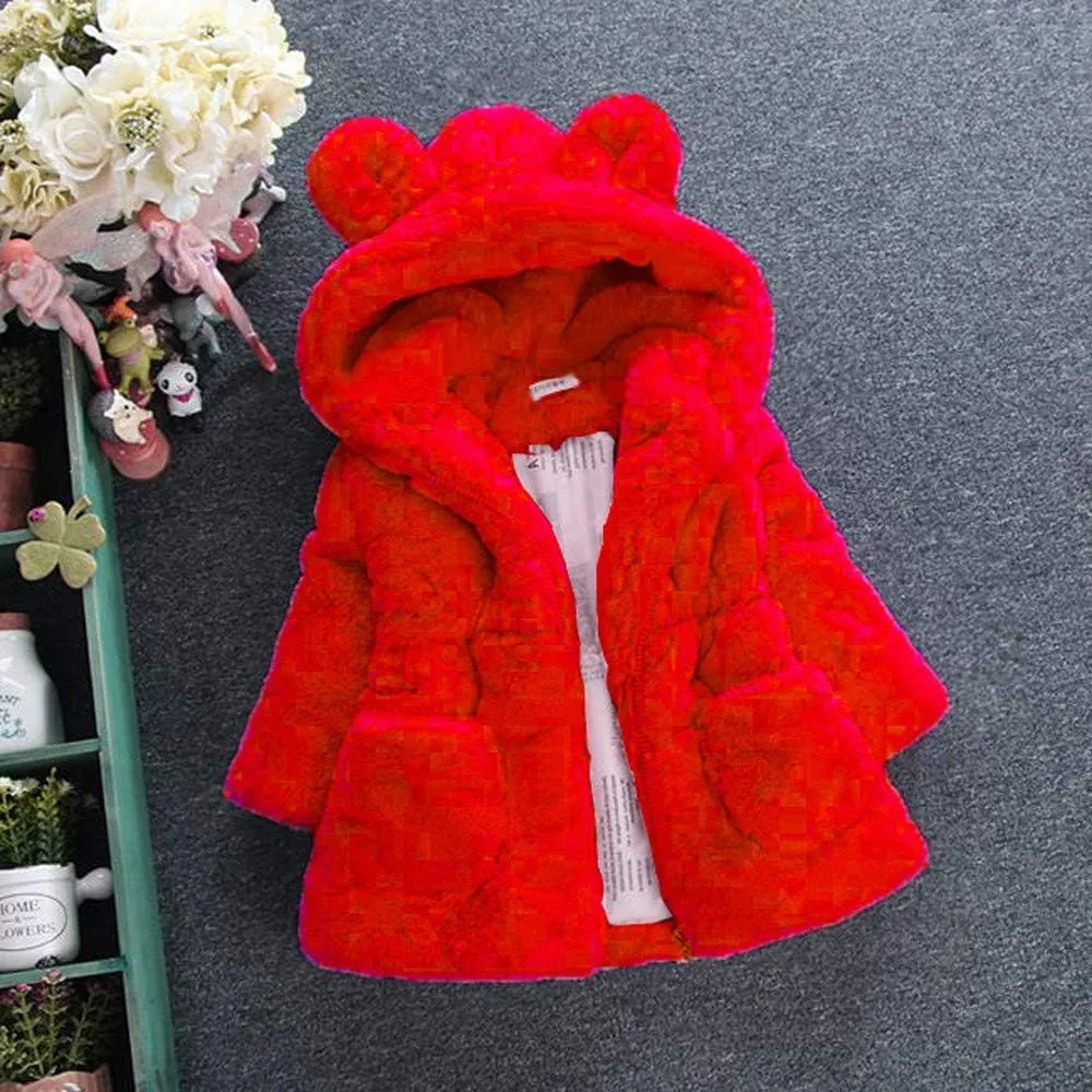 Toddler Baby Girl Winter Fur Hooded Coat Rabbit Ears Jacket Cloak Snowsuit Warm Outerwear Kids Clothes 6M-6Y