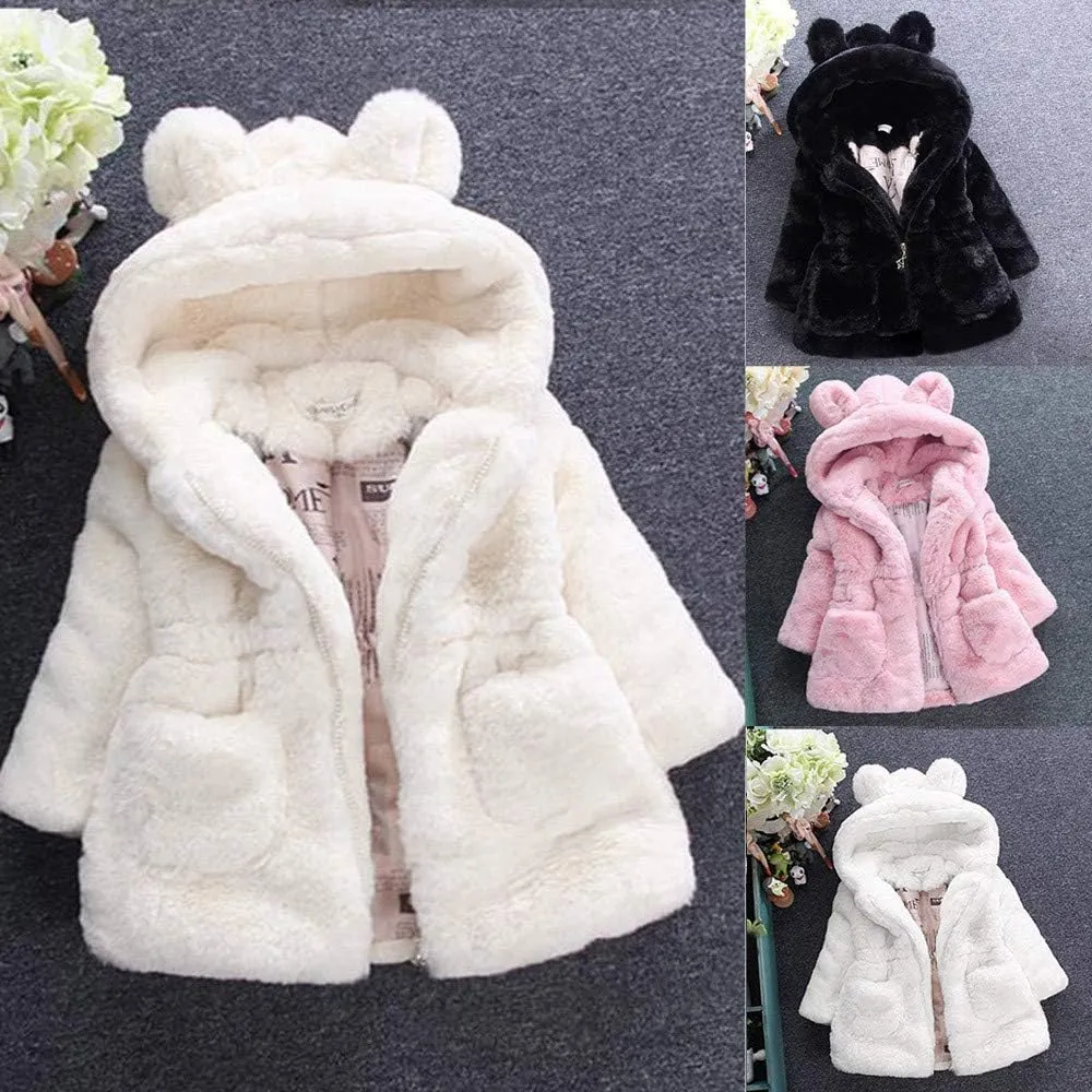 Toddler Baby Girl Winter Fur Hooded Coat Rabbit Ears Jacket Cloak Snowsuit Warm Outerwear Kids Clothes 6M-6Y