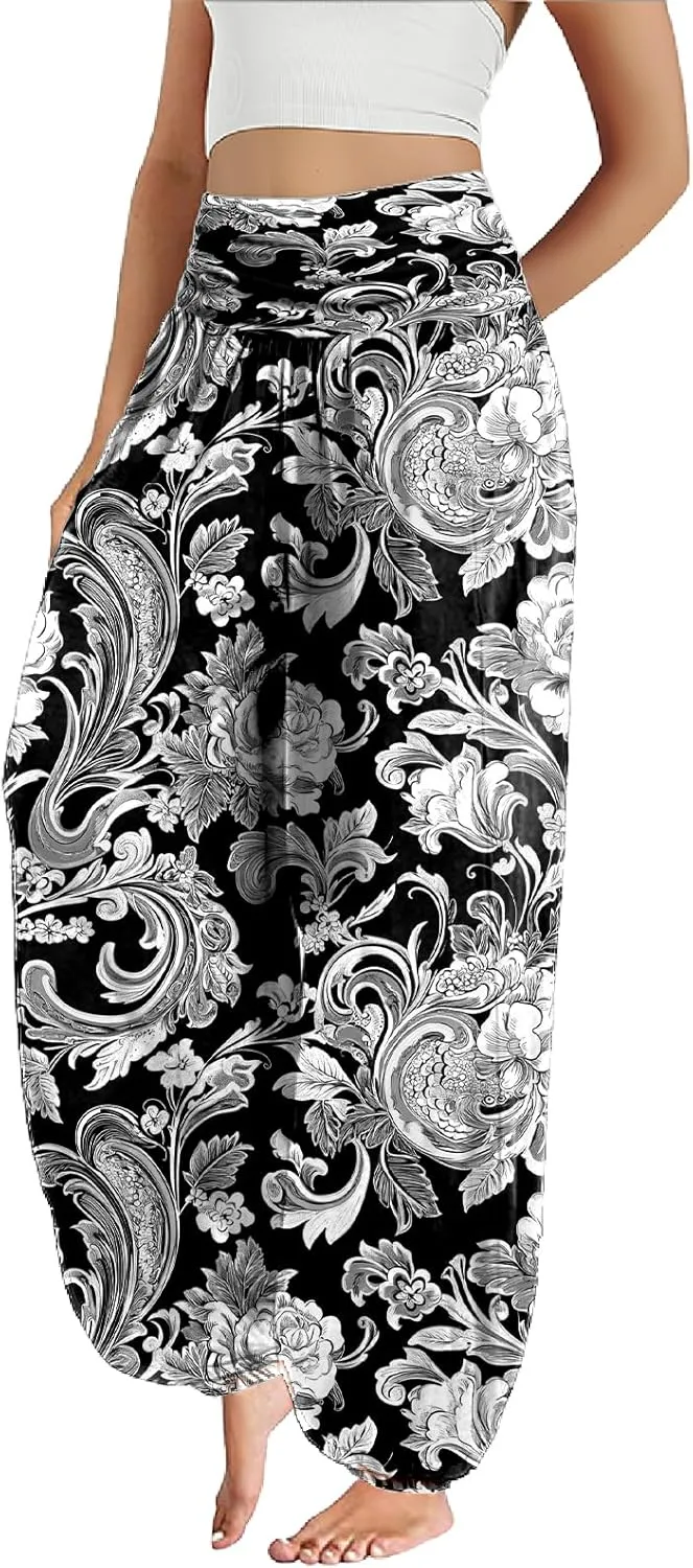 Trendy Boho Harem Pants Women Casual High Smocked Waist Yoga Pants Plus Size Loose Daily Lightweight Joggers