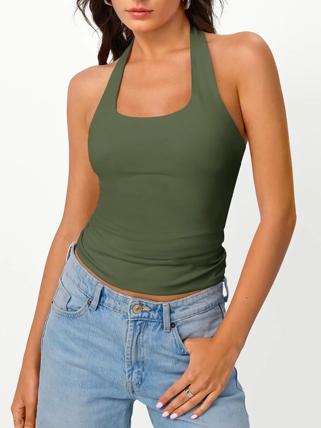 Trendy Queen Halter Tops for Women 2025 Summer Going Out Tops Backless Crop Sleeveless Workout Shirts Cute Y2k Clothes