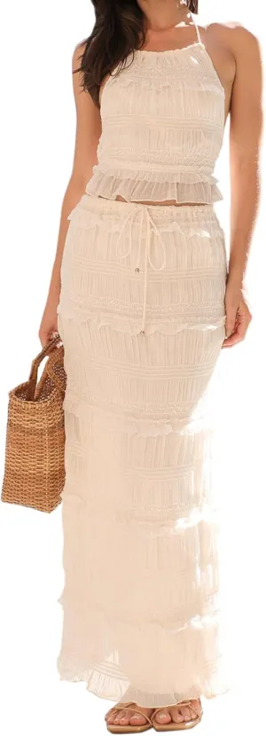 Two Piece Maxi Skirt Sets for Women Summer Backless Shirred Tie-up Halter Beach Cami Top Long Skirt Going Out Outfit