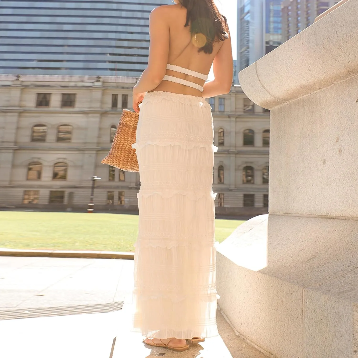 Two Piece Maxi Skirt Sets for Women Summer Backless Shirred Tie-up Halter Beach Cami Top Long Skirt Going Out Outfit