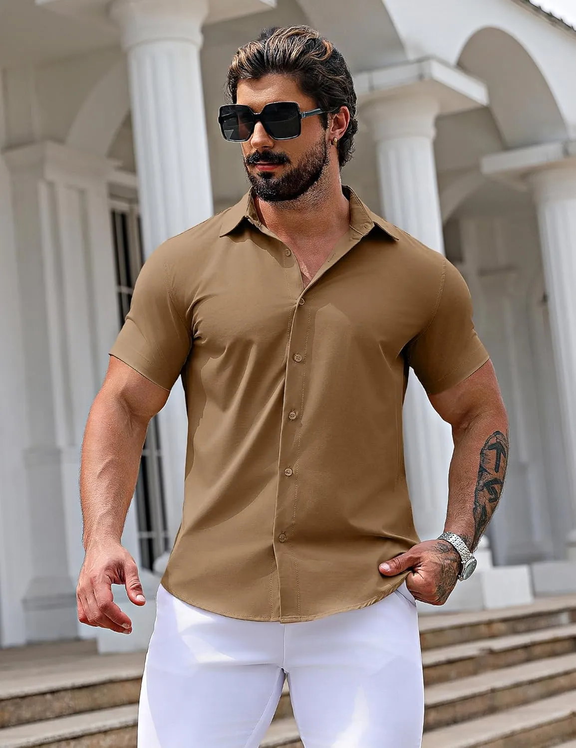 URRU Men's Muscle Dress Shirts Slim Fit Stretch Short Sleeve Casual Button Down Shirts for Men