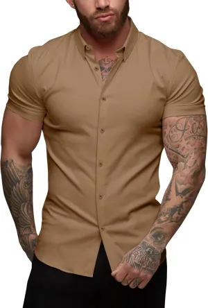 URRU Men's Muscle Dress Shirts Slim Fit Stretch Short Sleeve Casual Button Down Shirts for Men