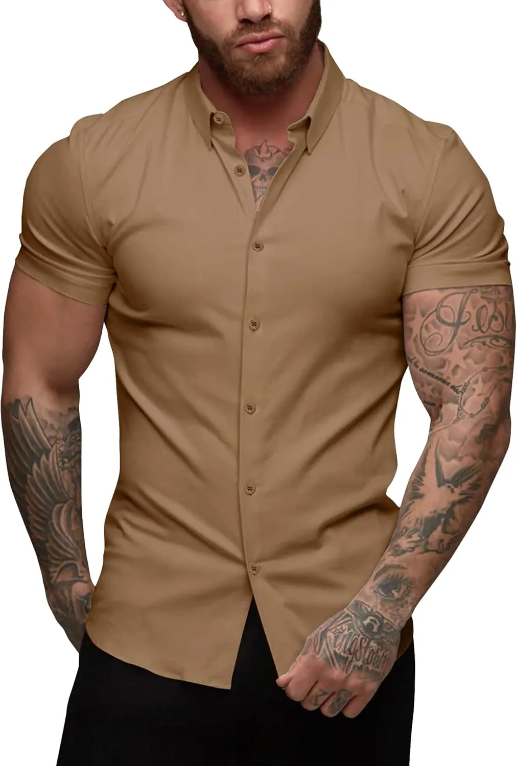 URRU Men's Muscle Dress Shirts Slim Fit Stretch Short Sleeve Casual Button Down Shirts for Men