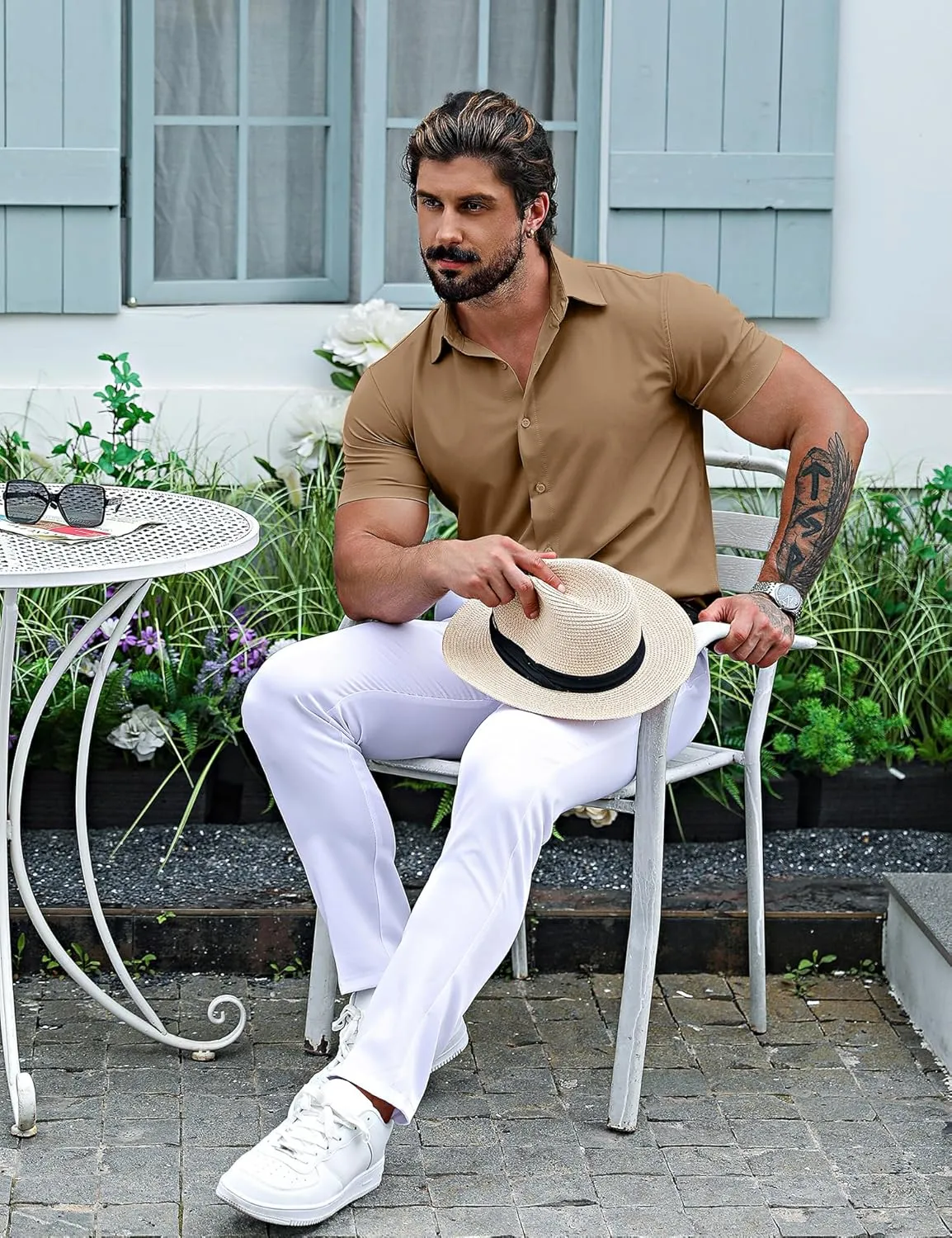 URRU Men's Muscle Dress Shirts Slim Fit Stretch Short Sleeve Casual Button Down Shirts for Men