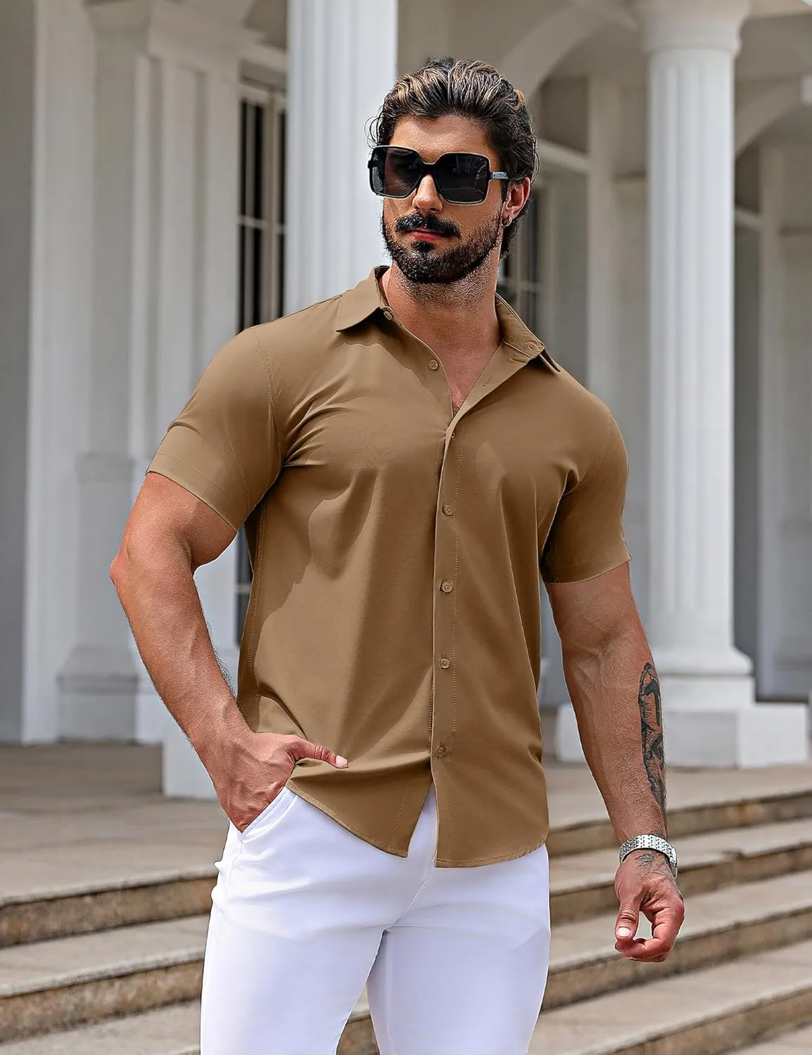 URRU Men's Muscle Dress Shirts Slim Fit Stretch Short Sleeve Casual Button Down Shirts for Men
