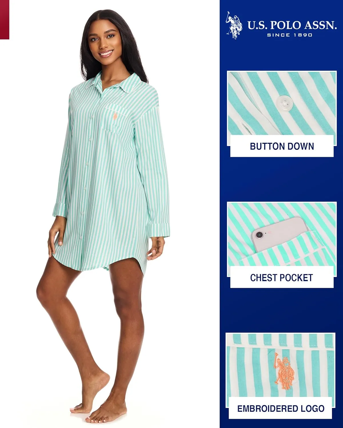 U.S. Polo Assn. Womens Sleep Shirts 2-Pack, Button Nightgowns for Women, Night Shirts Sleepwear