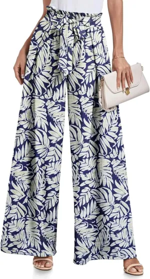 utcoco Printed Pants for Women Work Casual Loose Trousers High Waist Adjustable Knot Wide Leg Pants with Pockets