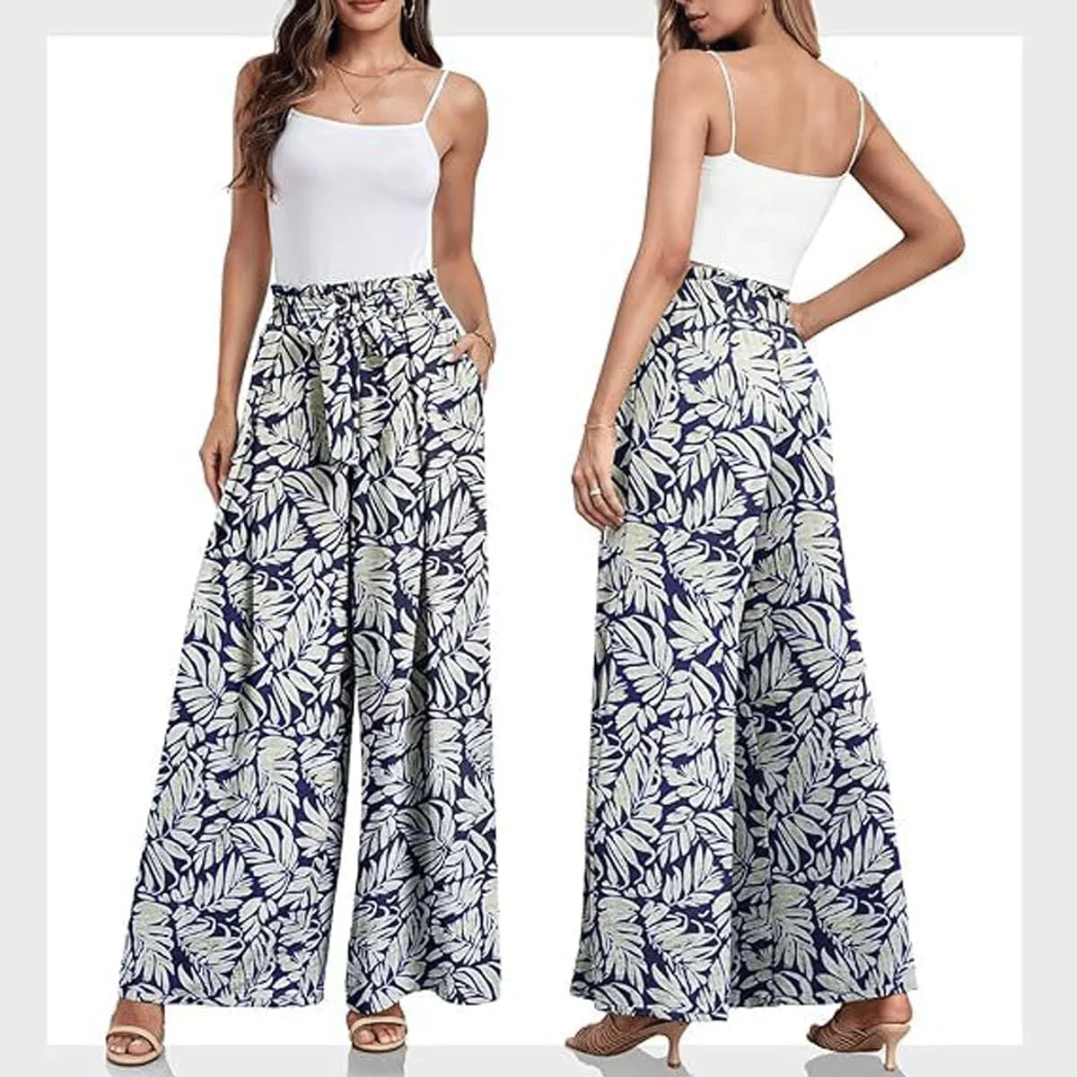 utcoco Printed Pants for Women Work Casual Loose Trousers High Waist Adjustable Knot Wide Leg Pants with Pockets