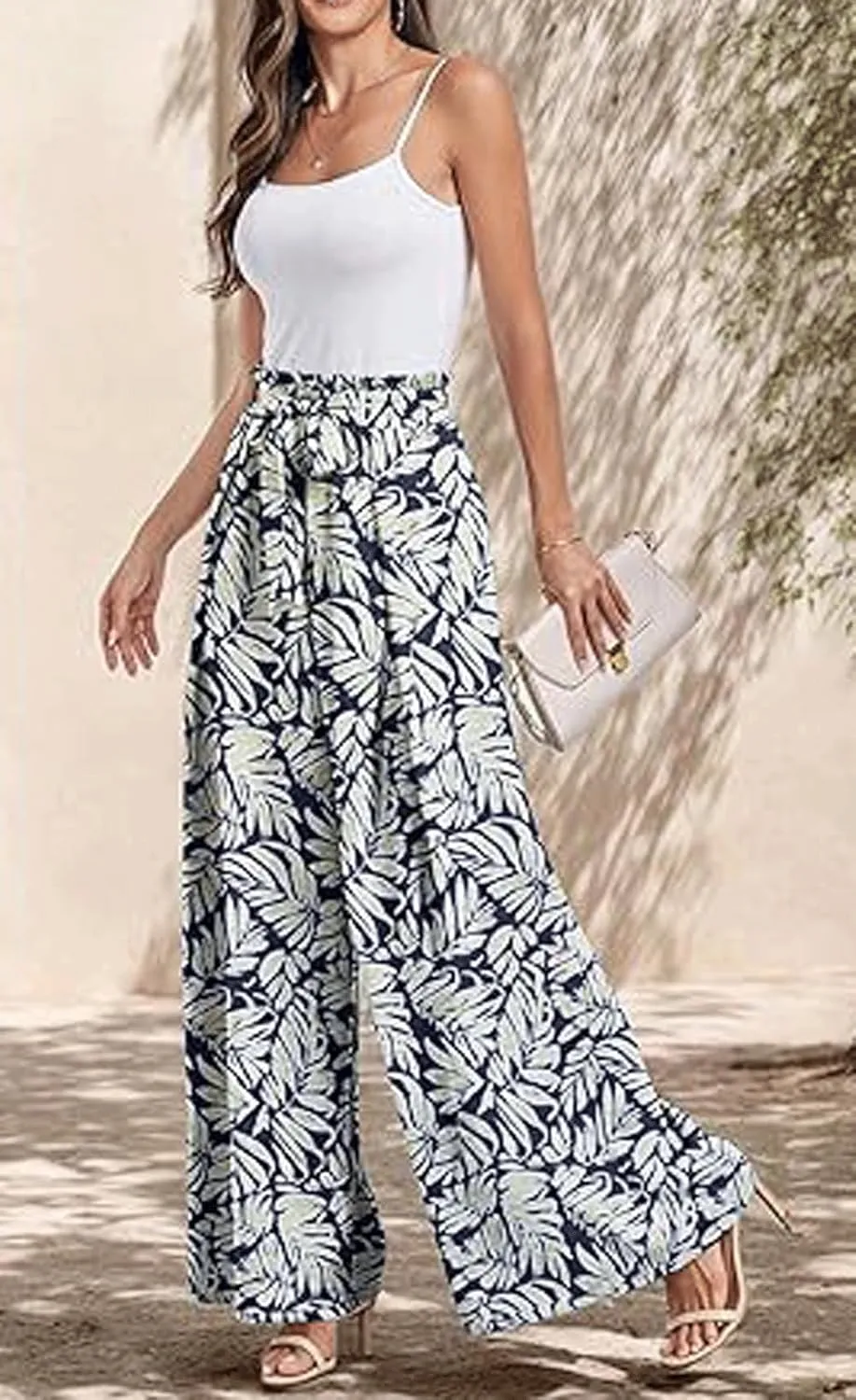 utcoco Printed Pants for Women Work Casual Loose Trousers High Waist Adjustable Knot Wide Leg Pants with Pockets