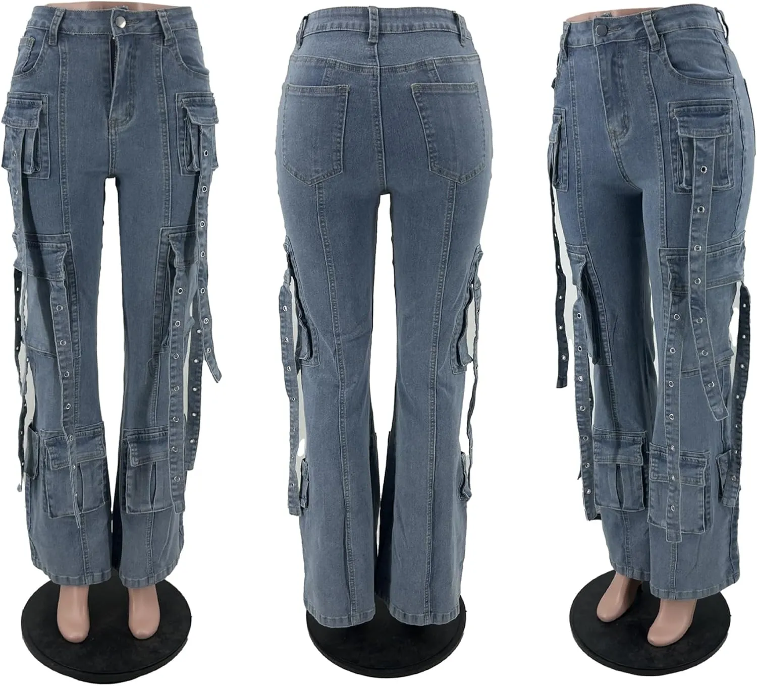 Vakkest Sexy High Waisted Skinny Jeans for Women Bodycon Crossover Stretchy Denim Cargo Pants Streetwear with Pockets