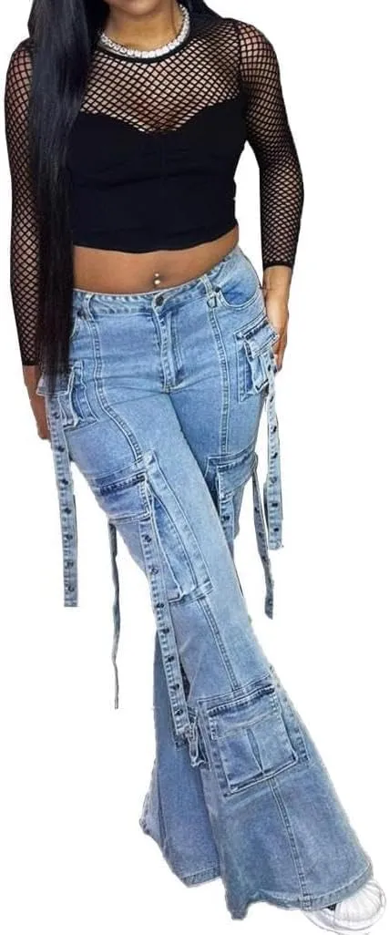 Vakkest Sexy High Waisted Skinny Jeans for Women Bodycon Crossover Stretchy Denim Cargo Pants Streetwear with Pockets