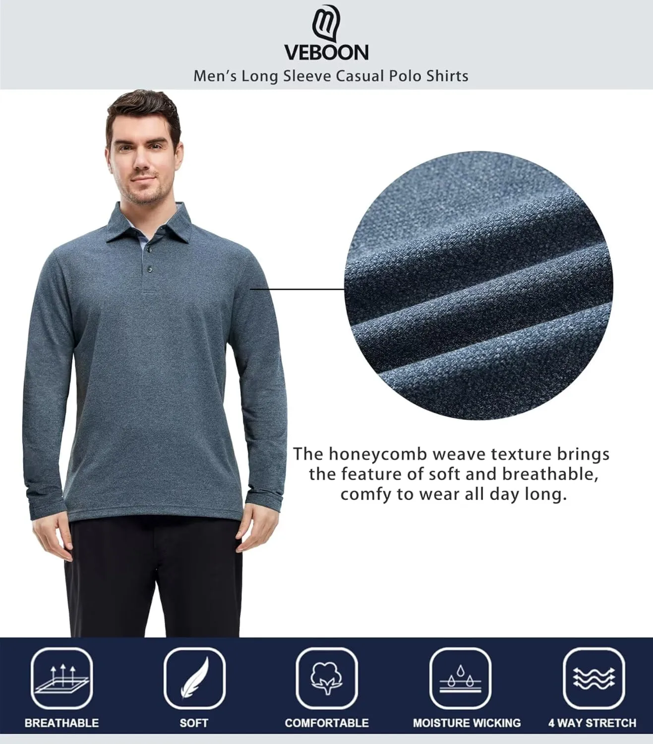 VEBOON Men's Polo Shirts Long and Short Sleeve Cotton Blend Heather Moisture Wicking Casual Collared Shirts
