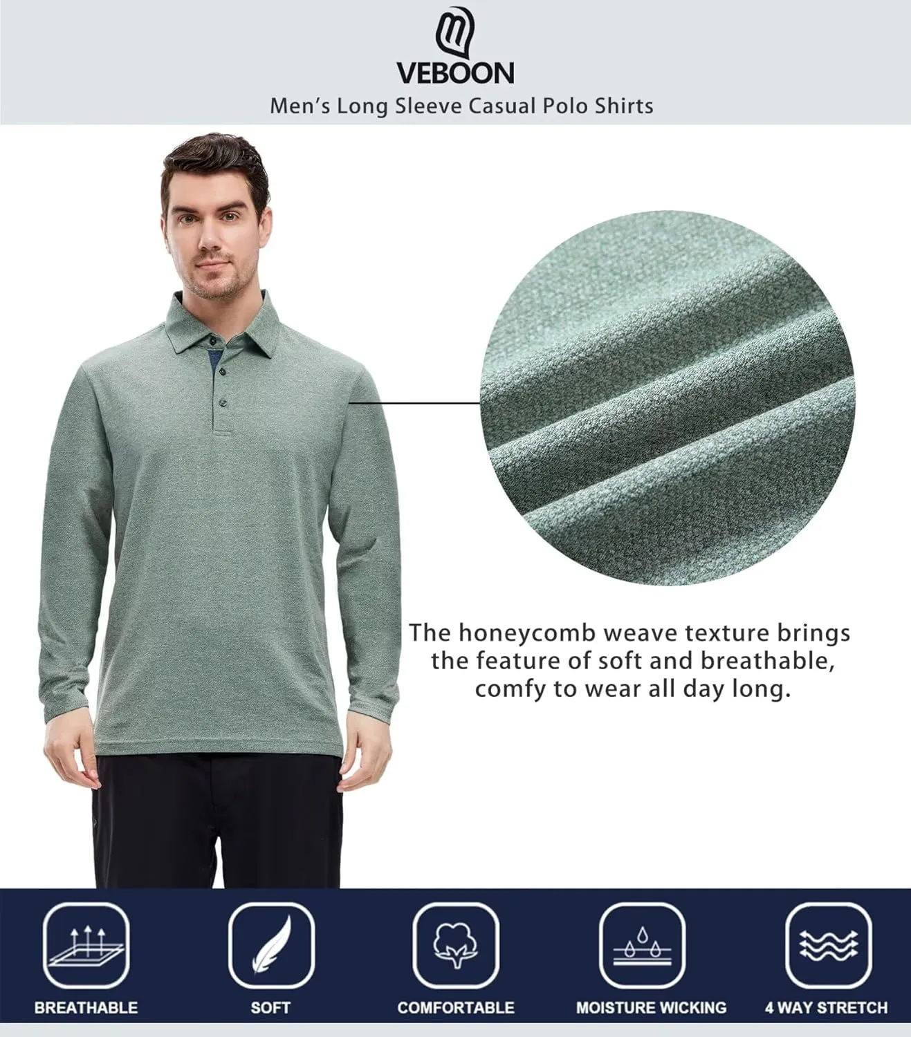 VEBOON Men's Polo Shirts Long and Short Sleeve Cotton Blend Heather Moisture Wicking Casual Collared Shirts
