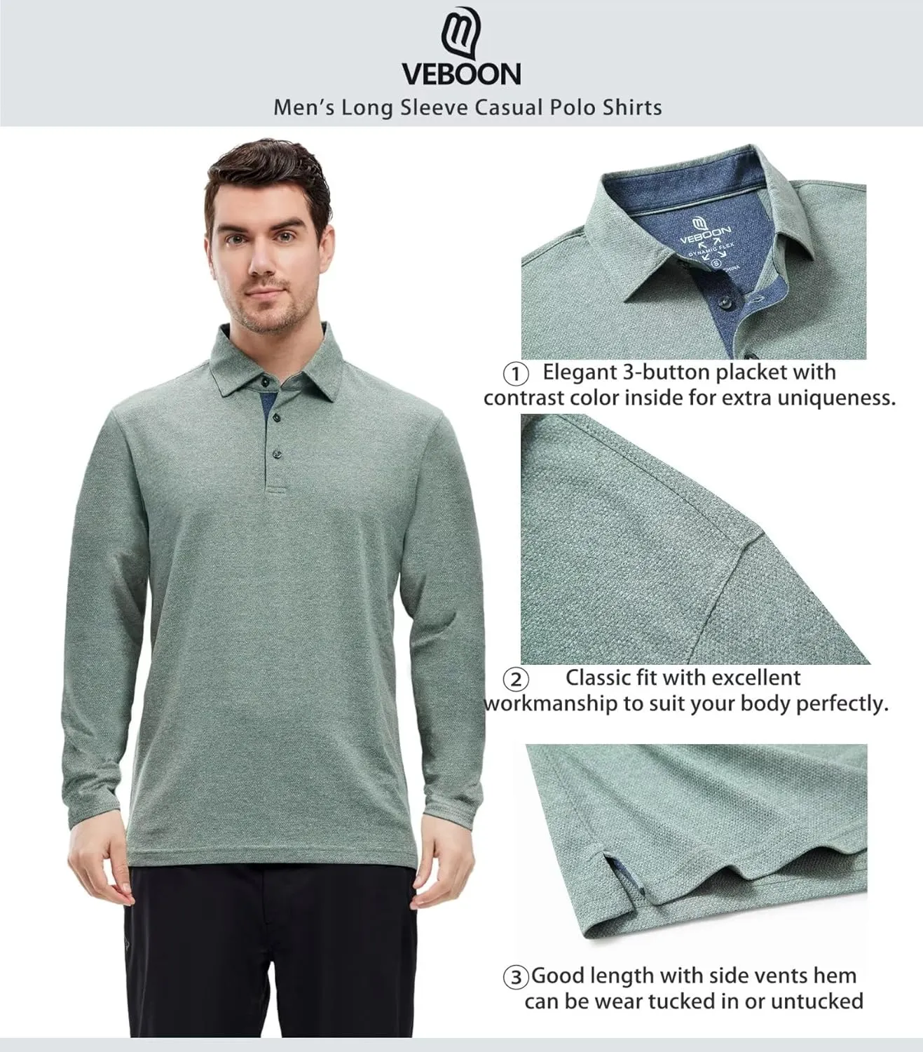 VEBOON Men's Polo Shirts Long and Short Sleeve Cotton Blend Heather Moisture Wicking Casual Collared Shirts