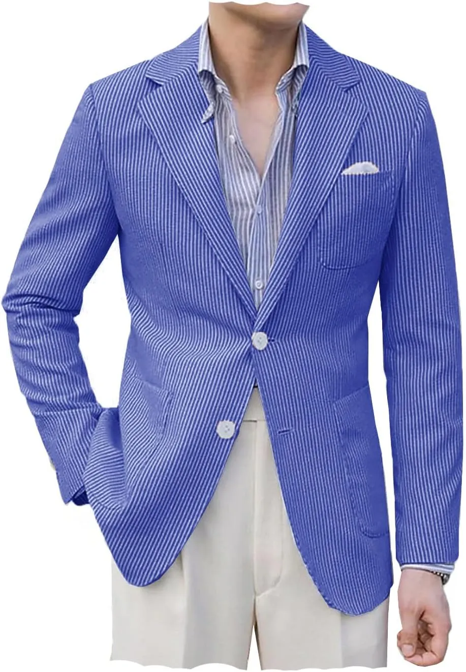 VENNYNG Men's Seersucker Suit Jacket Blazer Spring Summer Sport Coat Grooms Slim Fitted Wedding Formal Lightweight