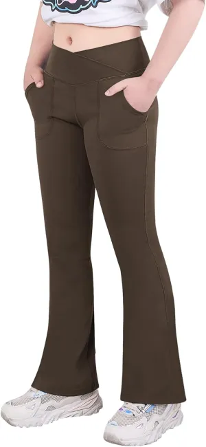 viehunt Girls High Waisted Flare Leggings Crossover Cute Wide Leg Solid Full Length Yoga Pants with Pockets