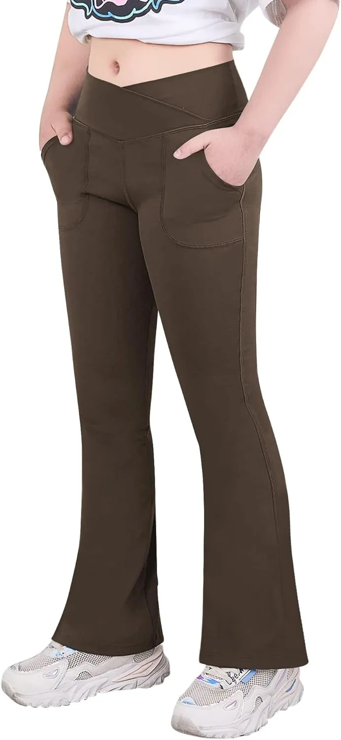 viehunt Girls High Waisted Flare Leggings Crossover Cute Wide Leg Solid Full Length Yoga Pants with Pockets
