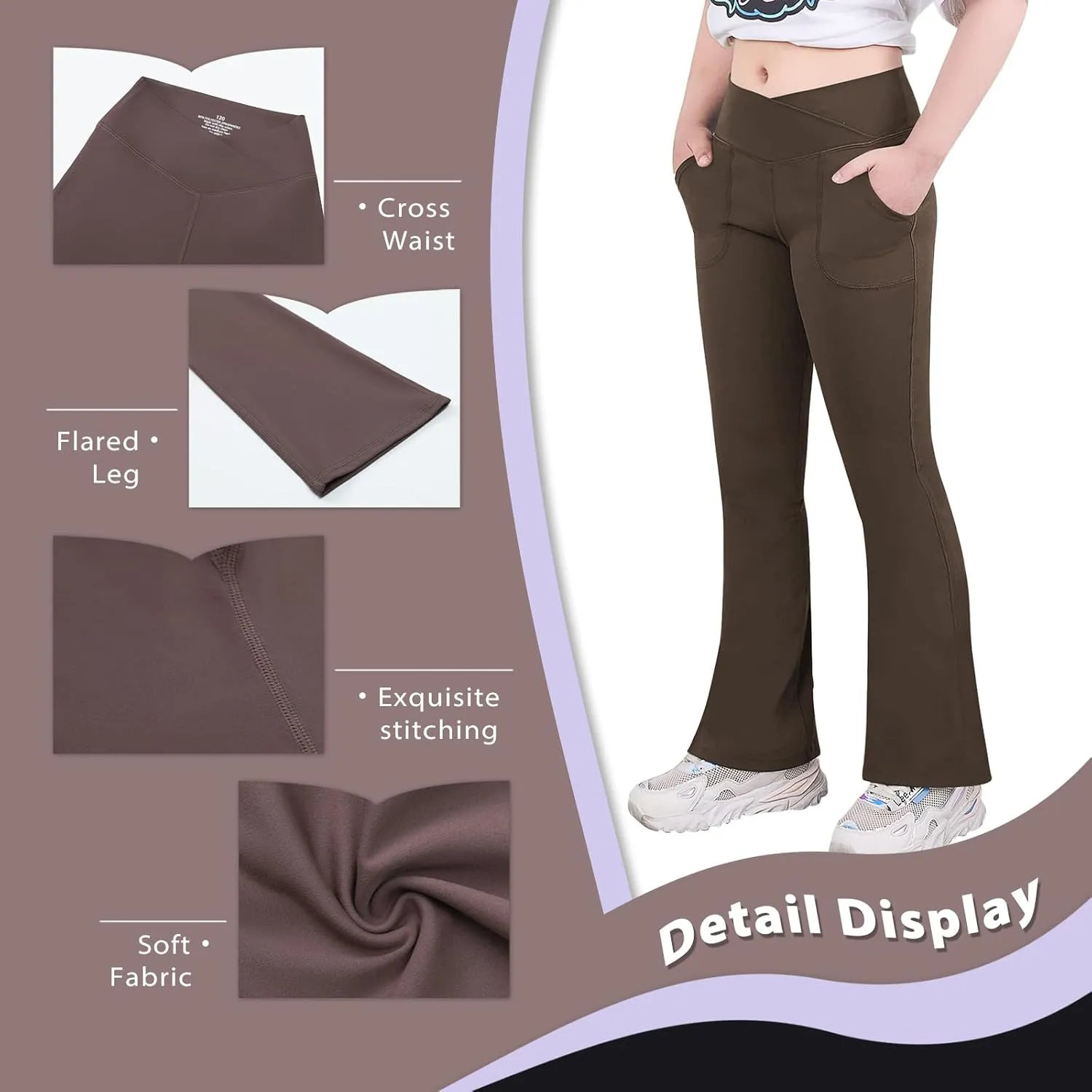 viehunt Girls High Waisted Flare Leggings Crossover Cute Wide Leg Solid Full Length Yoga Pants with Pockets