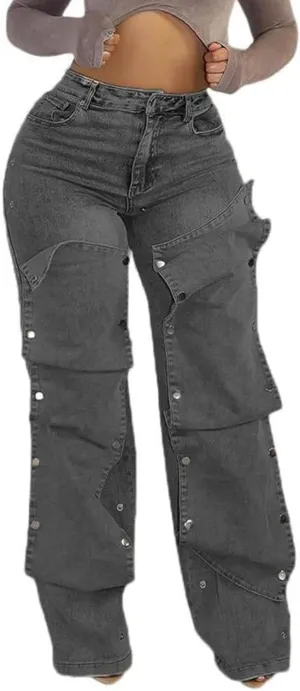 Voghtic Womens y2k Detachable Patchwork Irregular Boyfriend Cargo Jeans High Waisted Straight Leg Denim Pants Streetwear