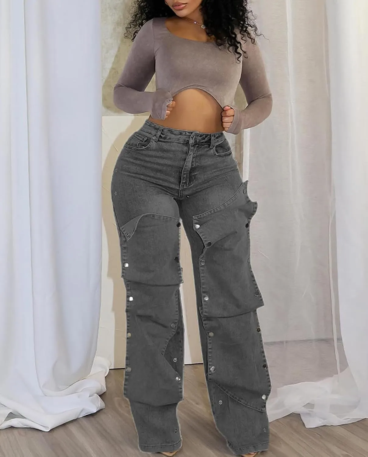 Voghtic Womens y2k Detachable Patchwork Irregular Boyfriend Cargo Jeans High Waisted Straight Leg Denim Pants Streetwear