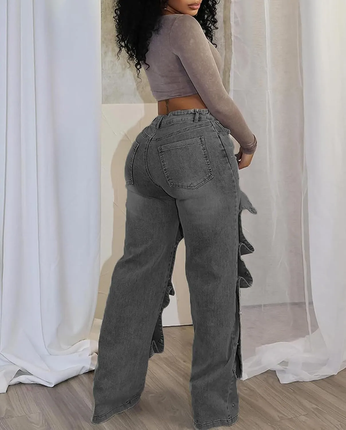 Voghtic Womens y2k Detachable Patchwork Irregular Boyfriend Cargo Jeans High Waisted Straight Leg Denim Pants Streetwear